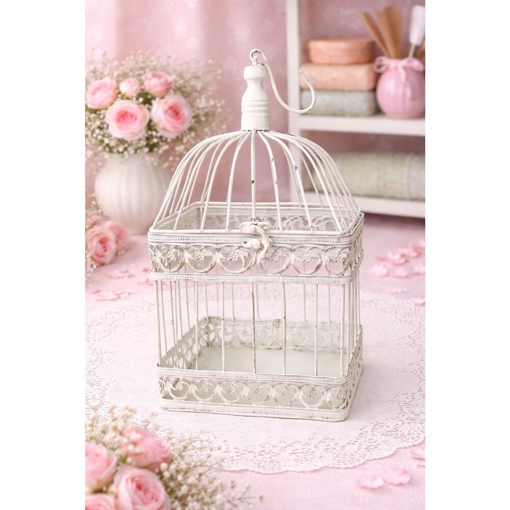 Vintage White Birdcage Decorative Shabby Chic Cottagecore Wedding Hanging